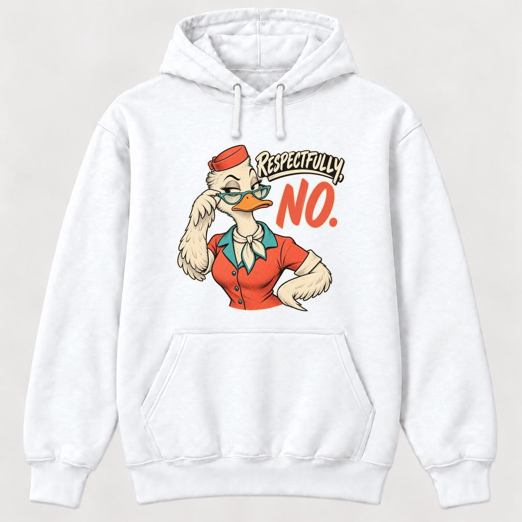 Respectfully No Retro Comic Duck — garment mockup or size chart