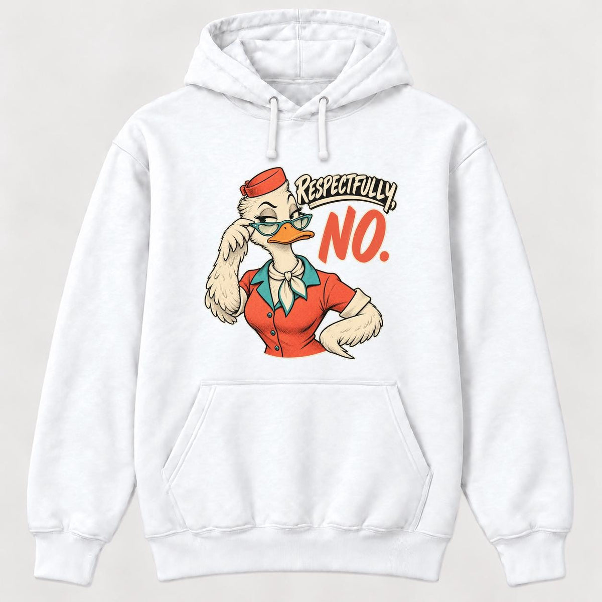 Respectfully No Retro Comic Duck — garment mockup or size chart