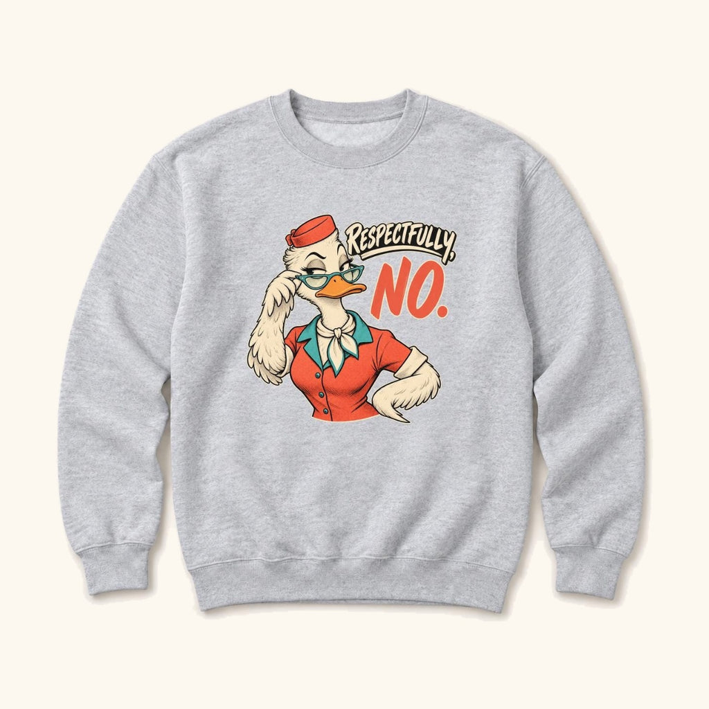 Respectfully No Retro Comic Duck — garment mockup or size chart