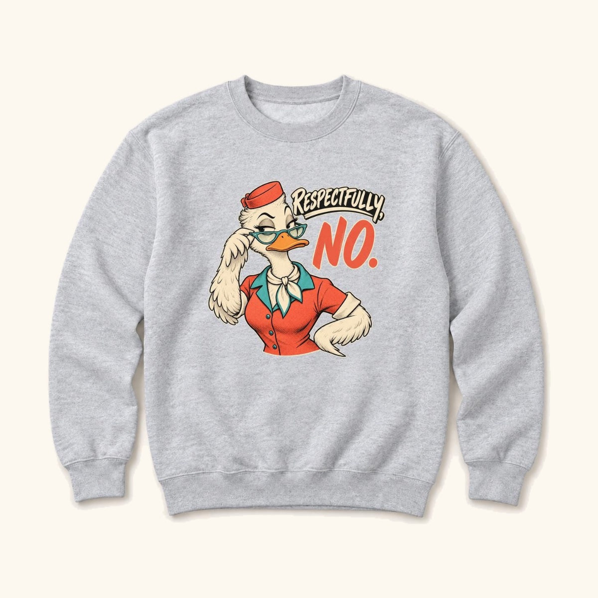 Respectfully No Retro Comic Duck — garment mockup or size chart