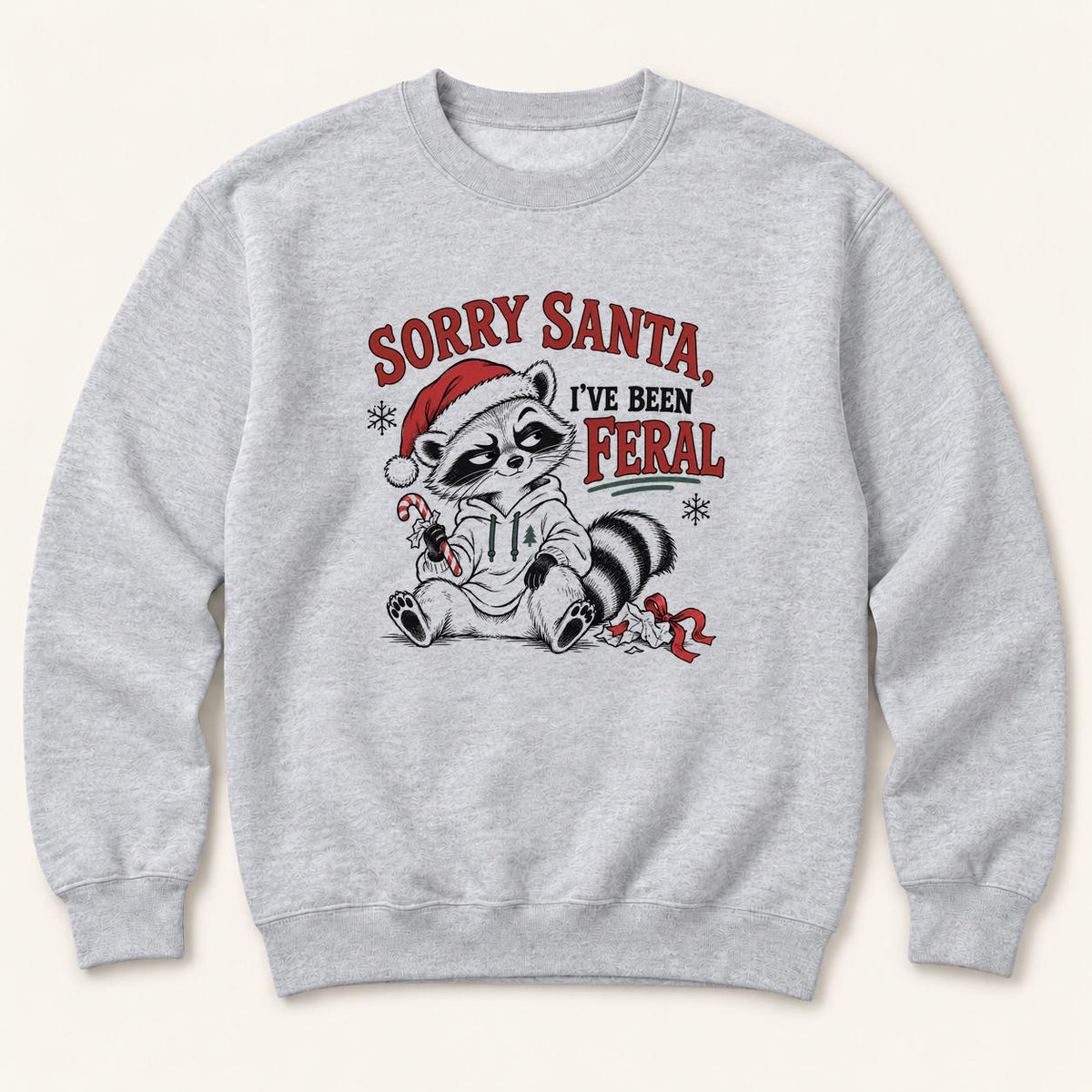 Sorry Santa Ive Been Feral Line Art Raccoon — garment mockup or size chart