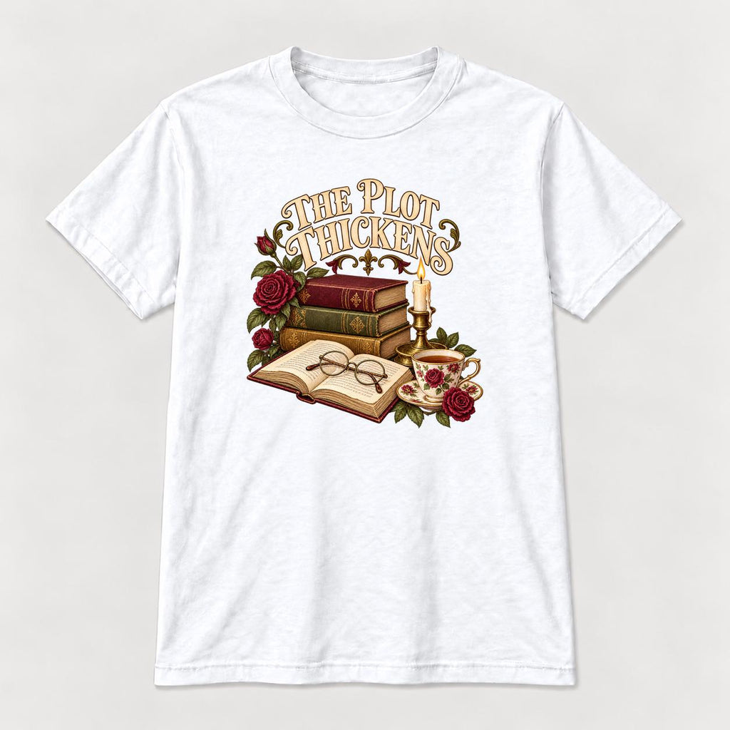The Plot Thickens Vintage Books and Tea — garment mockup or size chart