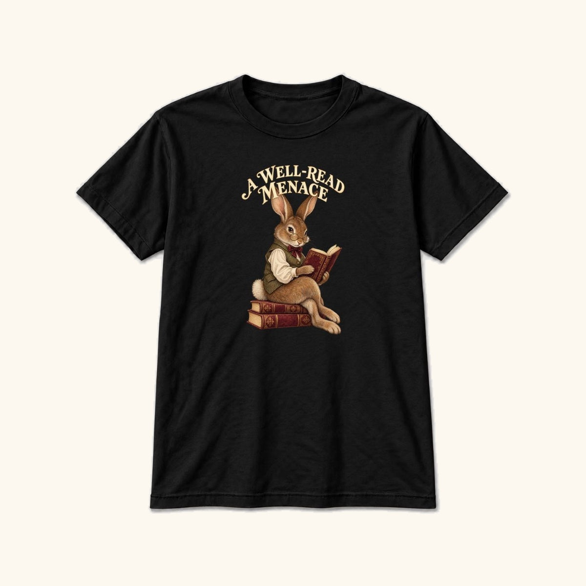 A Well-Read Menace Storybook Reading Rabbit Black — garment mockup or size chart