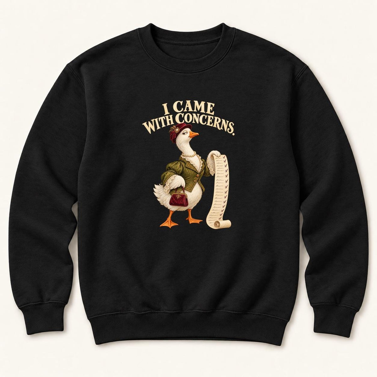 I Came With Concerns Storybook Goose Black — garment mockup or size chart
