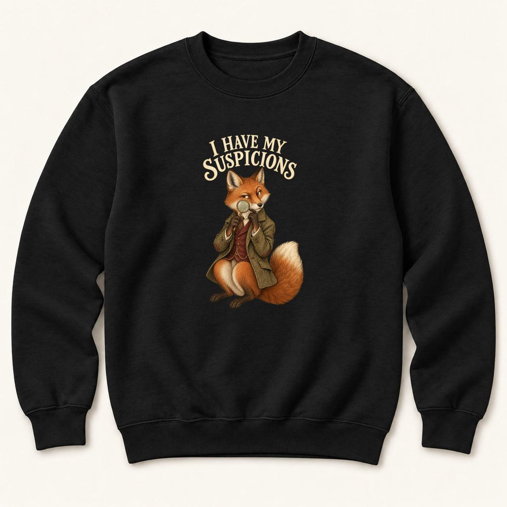 I Have My Suspicions Storybook Fox Black — garment mockup or size chart
