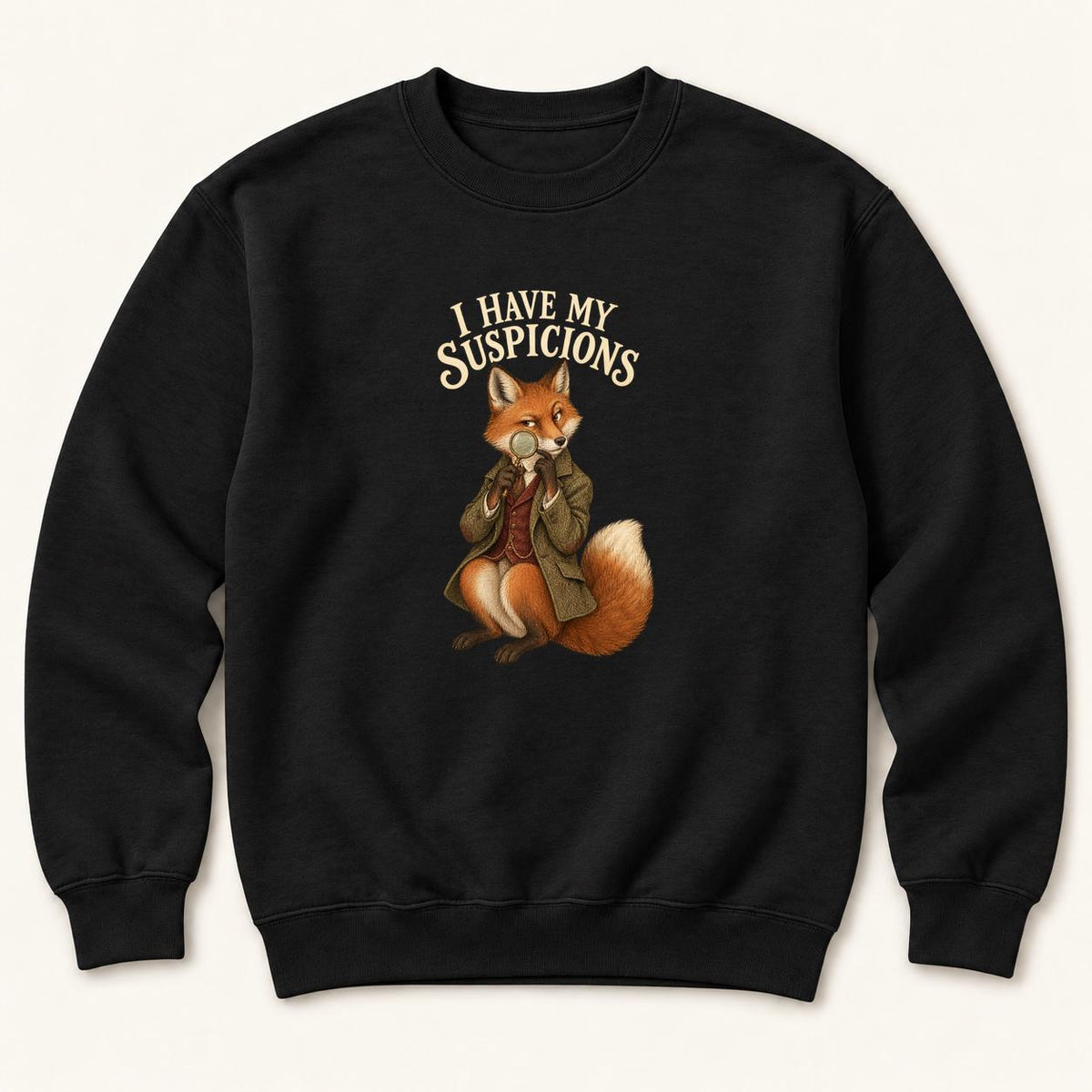I Have My Suspicions Storybook Fox Black — garment mockup or size chart