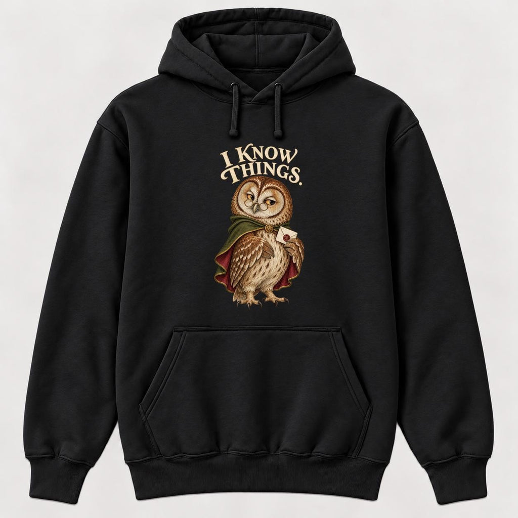 I Know Things Storybook Owl Black — garment mockup or size chart