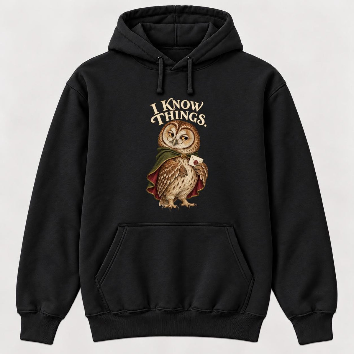 I Know Things Storybook Owl Black — garment mockup or size chart