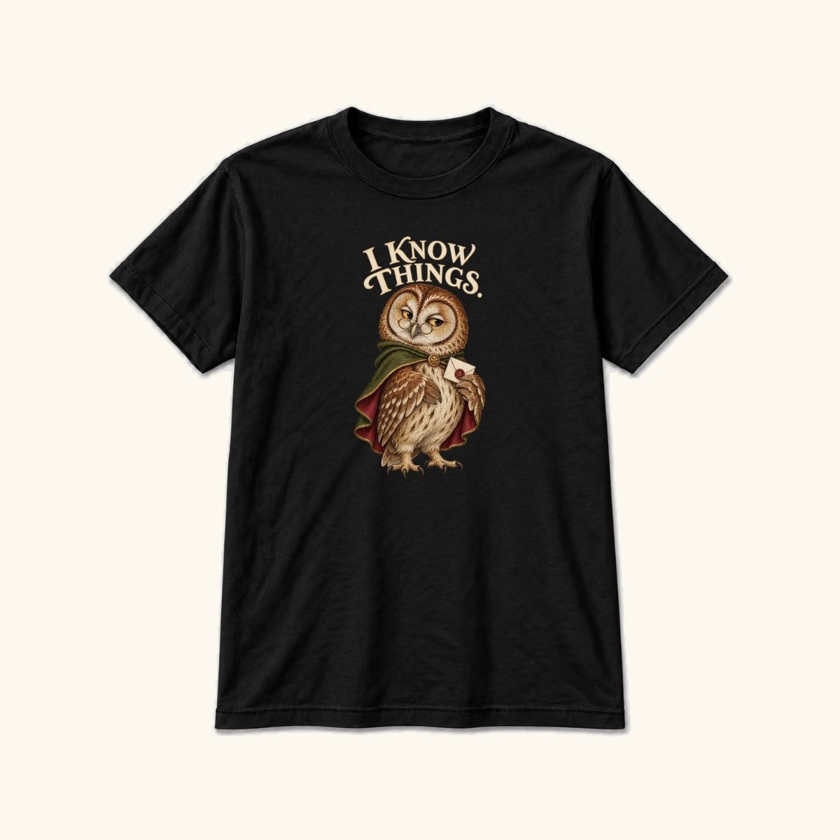I Know Things Storybook Owl Black — garment mockup or size chart