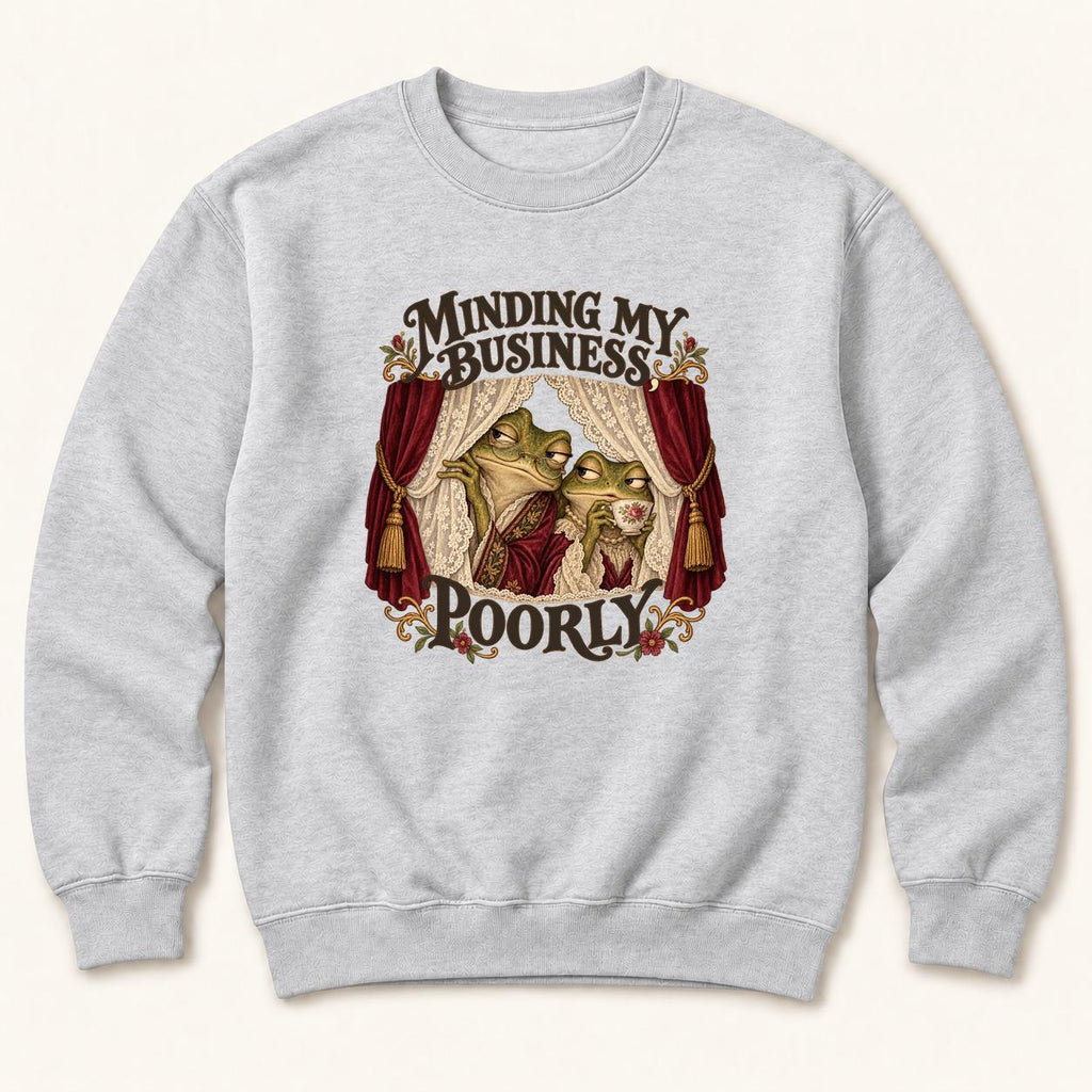 Minding My Business Poorly Storybook Frogs — garment mockup or size chart