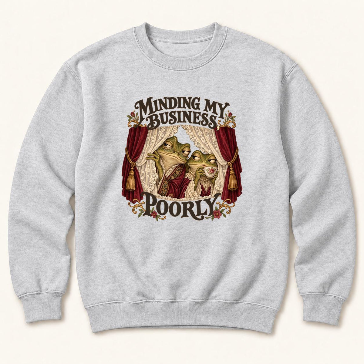 Minding My Business Poorly Storybook Frogs — garment mockup or size chart