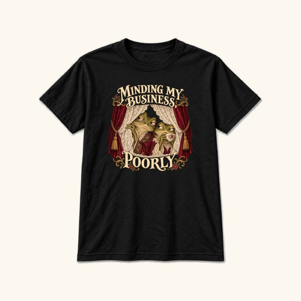 Minding My Business Poorly Storybook Frogs — garment mockup or size chart