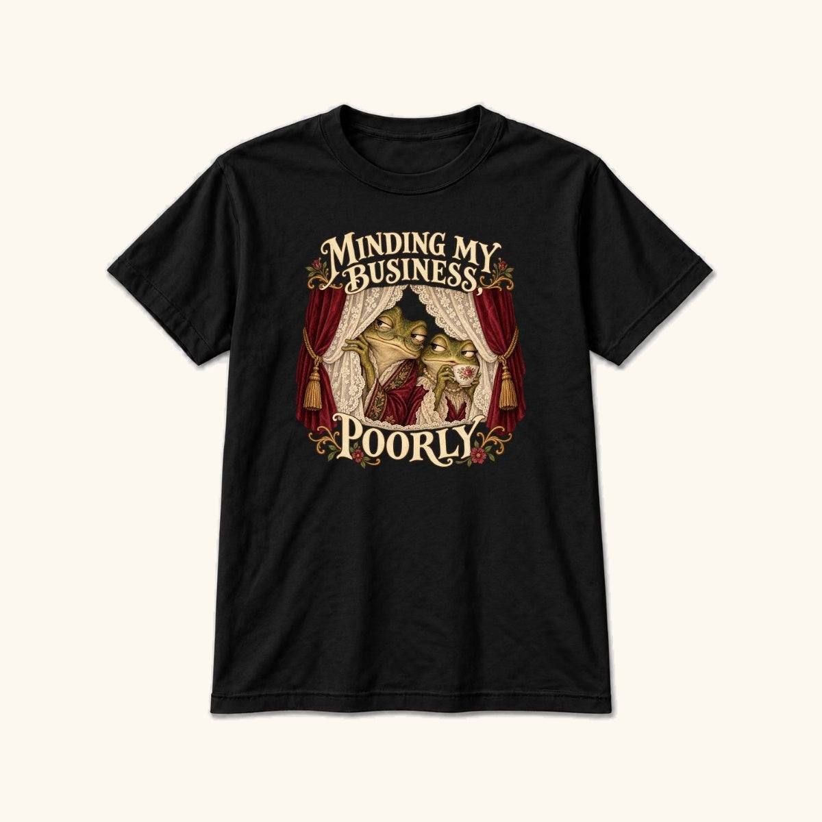 Minding My Business Poorly Storybook Frogs — garment mockup or size chart