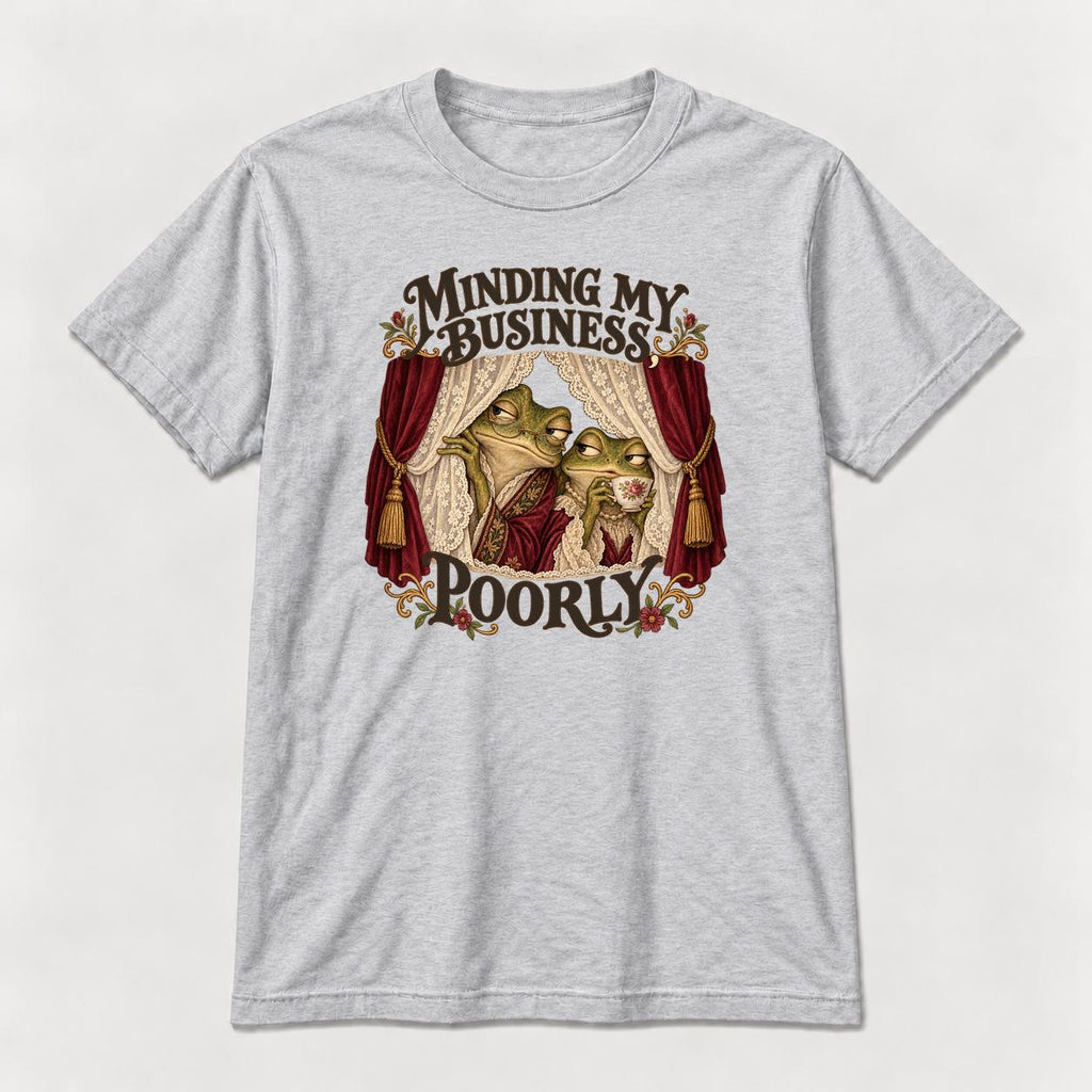 Minding My Business Poorly Storybook Frogs — garment mockup or size chart