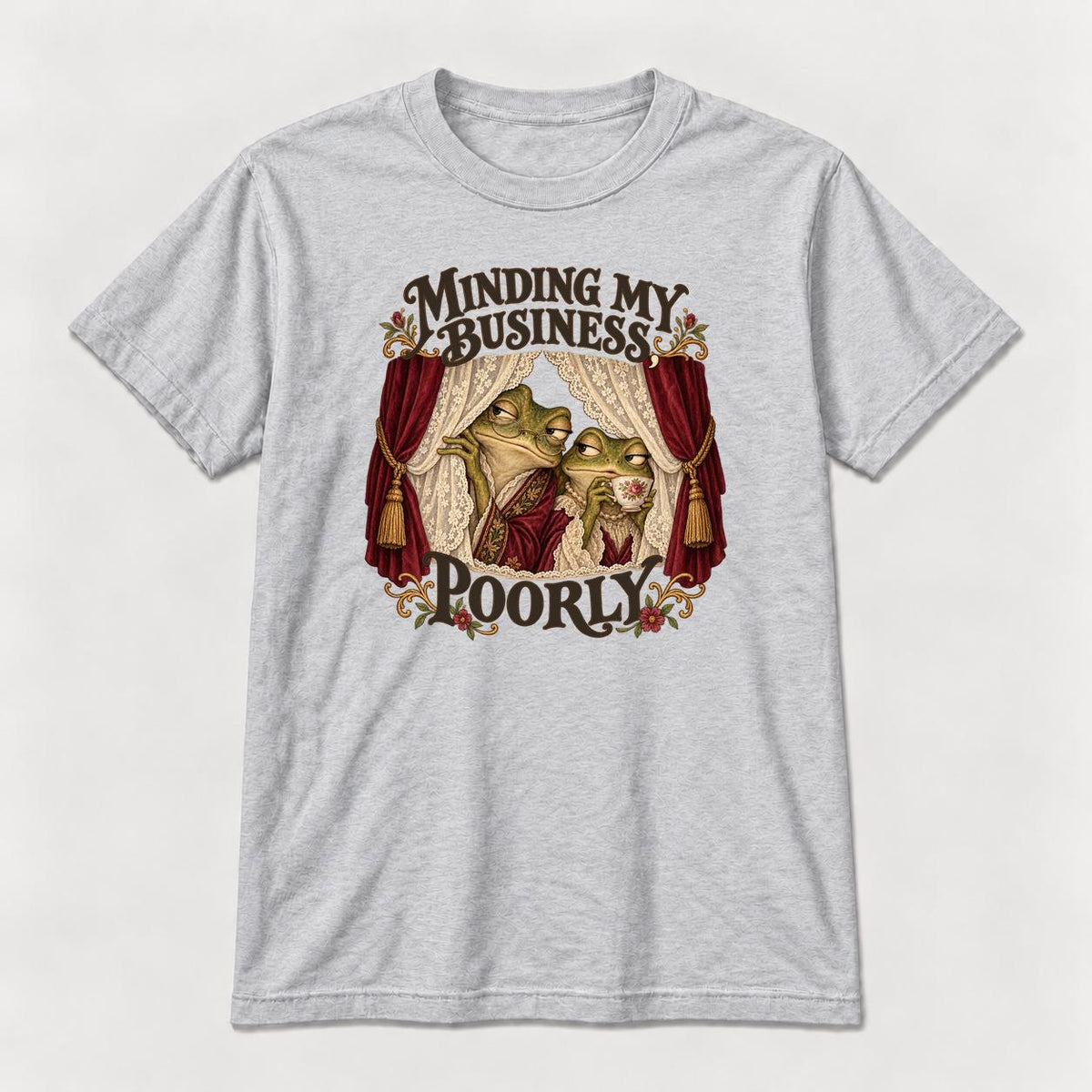 Minding My Business Poorly Storybook Frogs — garment mockup or size chart