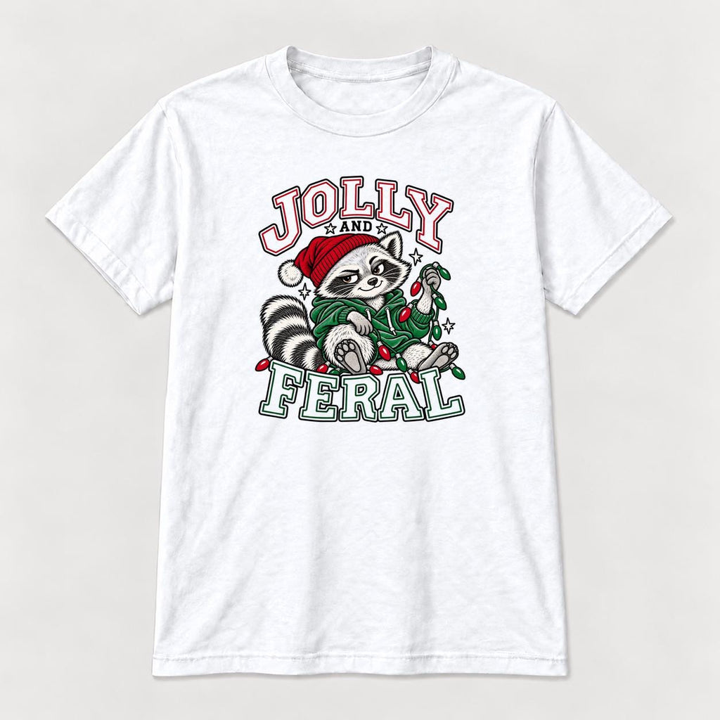 Jolly and Feral Outline Raccoon Christmas — garment mockup or size chart