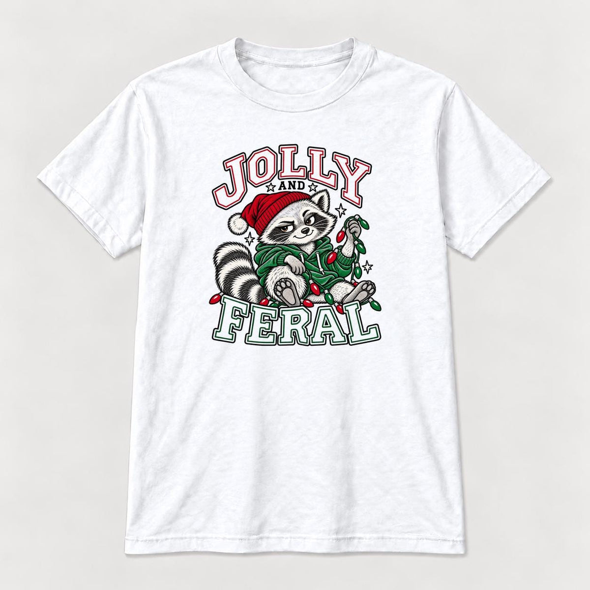 Jolly and Feral Outline Raccoon Christmas — garment mockup or size chart