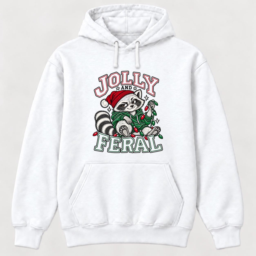 Jolly and Feral Outline Raccoon Christmas — garment mockup or size chart