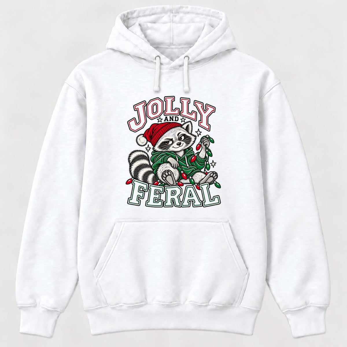 Jolly and Feral Outline Raccoon Christmas — garment mockup or size chart