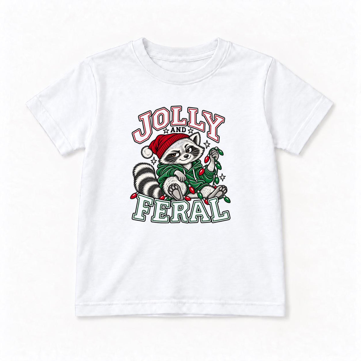 Jolly and Feral Outline Raccoon Christmas — garment mockup or size chart