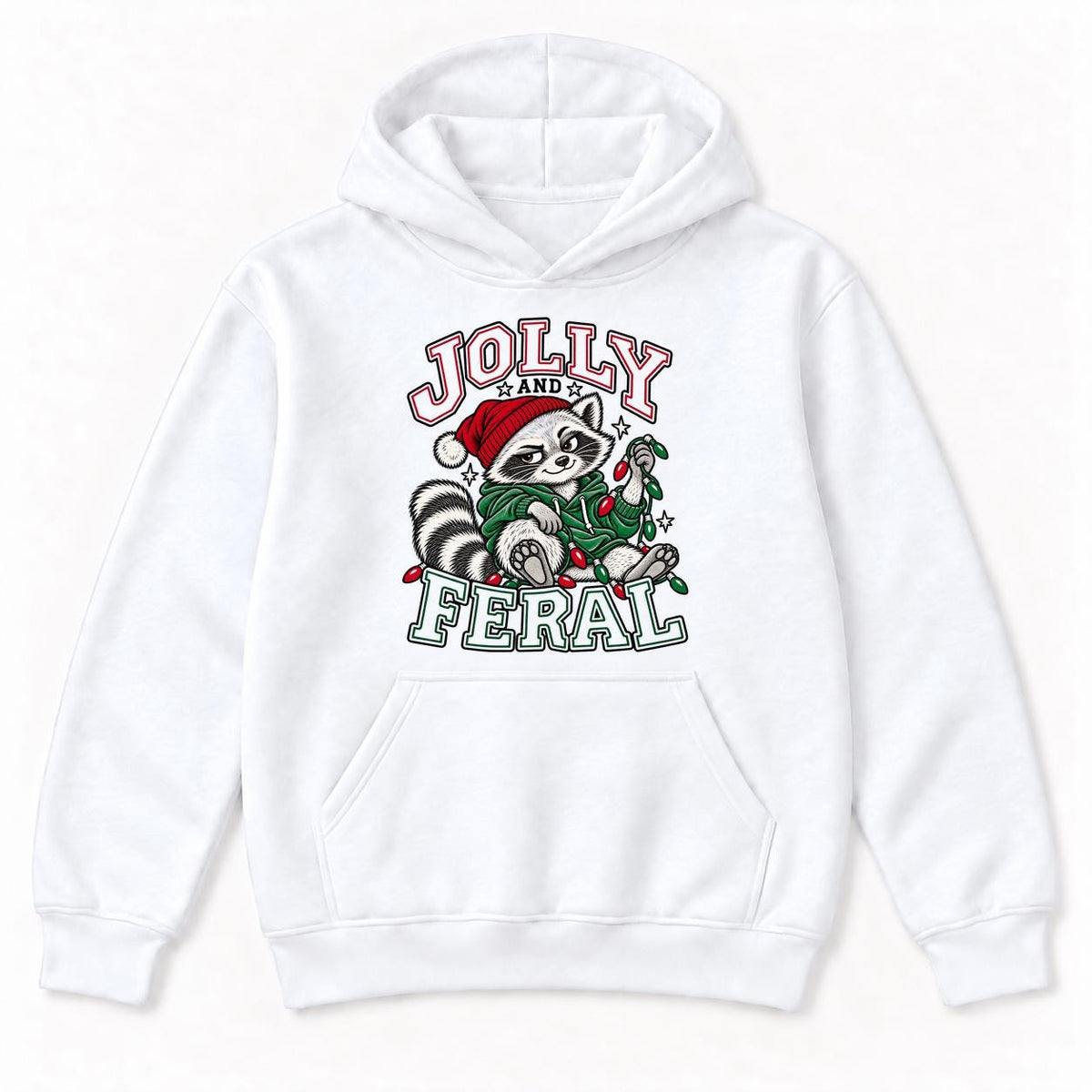 Jolly and Feral Outline Raccoon Christmas — garment mockup or size chart