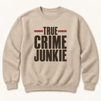 True Crime Junkie Vintage Lettering — garment mockup or size chart