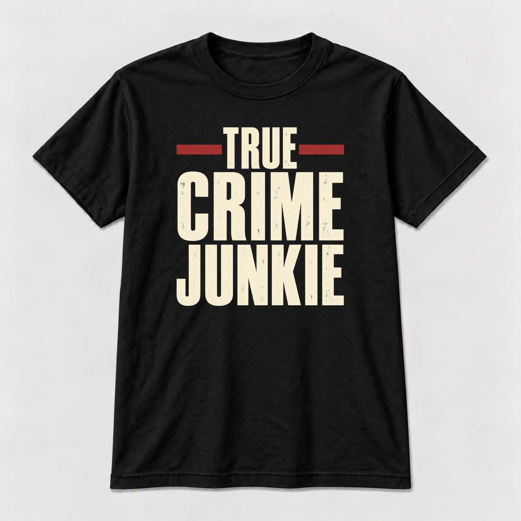 True Crime Junkie Vintage Lettering — garment mockup or size chart
